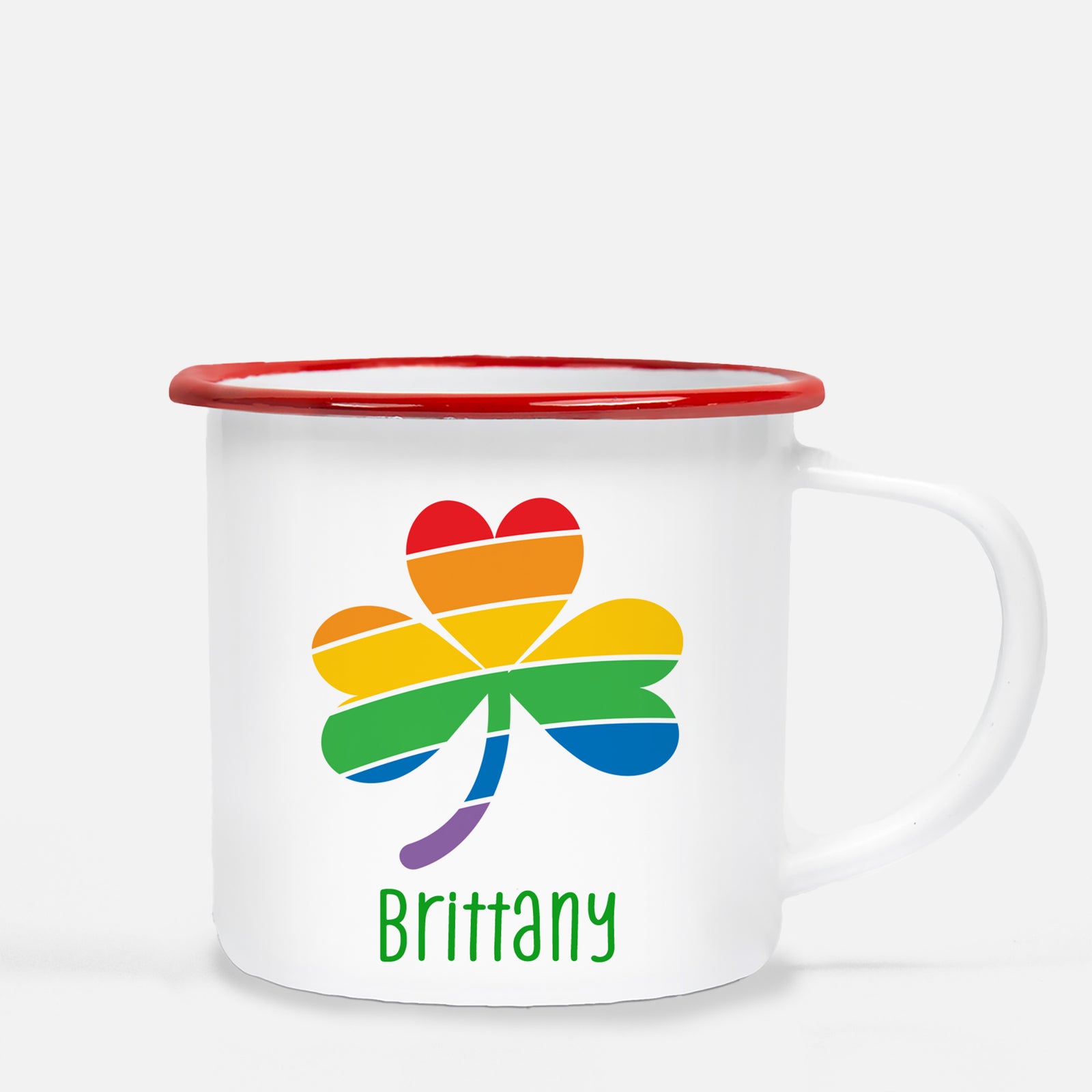 Rainbow Shamrock Personalized Happy St. Patrick's Day12 oz metal camp mug.  Silver lip, white enamel, dishwasher safe, design printed on both sides.  unbreakable Pipsy.com