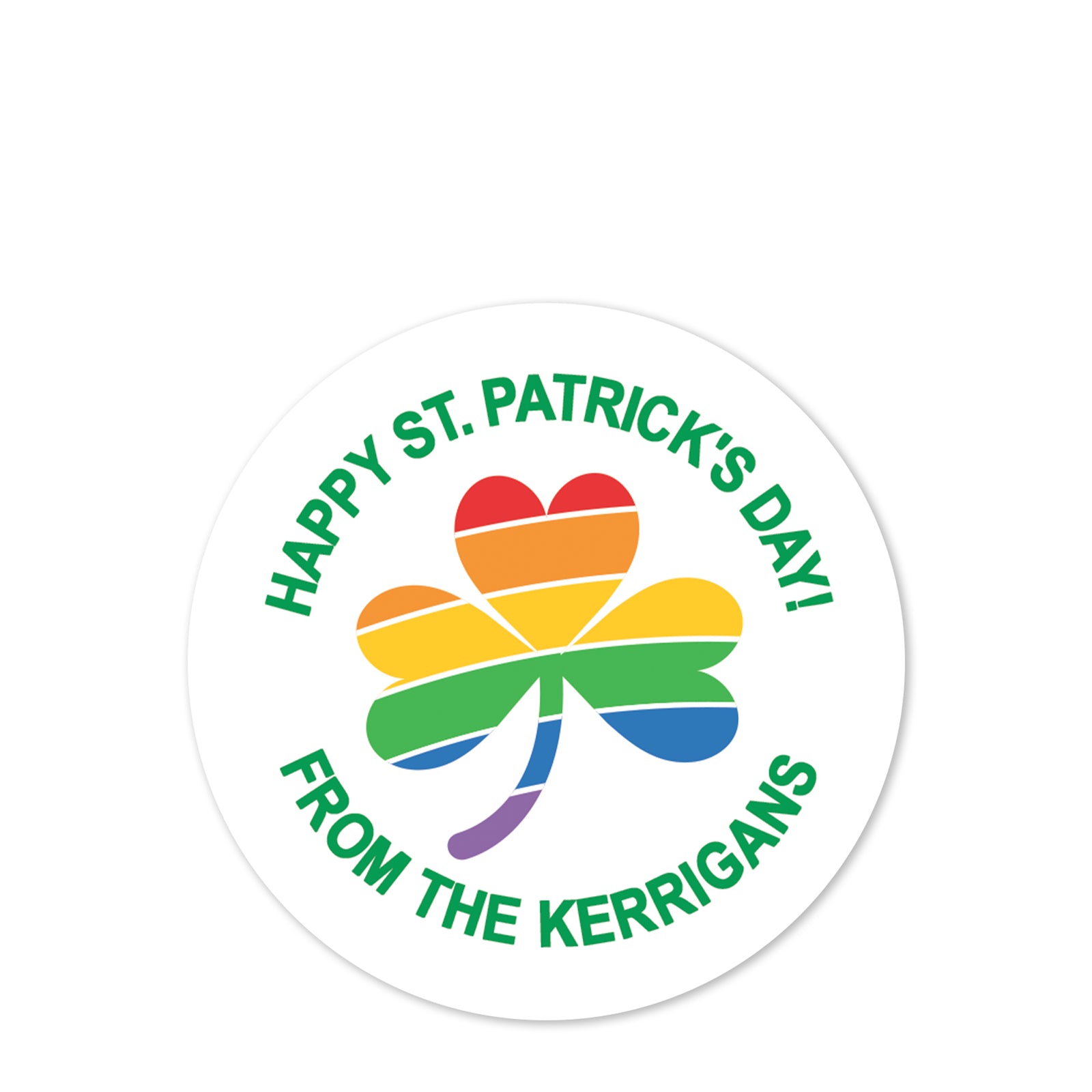 Rainbow Clover, Personalized Happy St. Patrick's Day class treat bag sticker, round matte stickers, 2.5", Pipsy.com