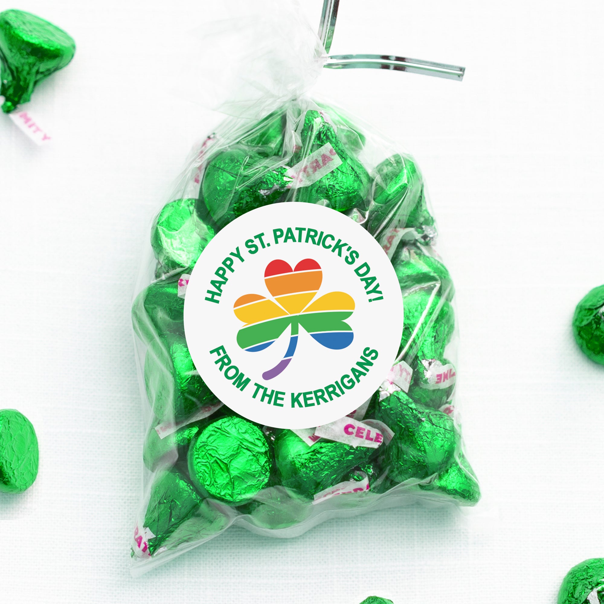 Rainbow Clover, Personalized Happy St. Patrick's Day class treat bag sticker, round matte stickers, 2.5", Pipsy.com