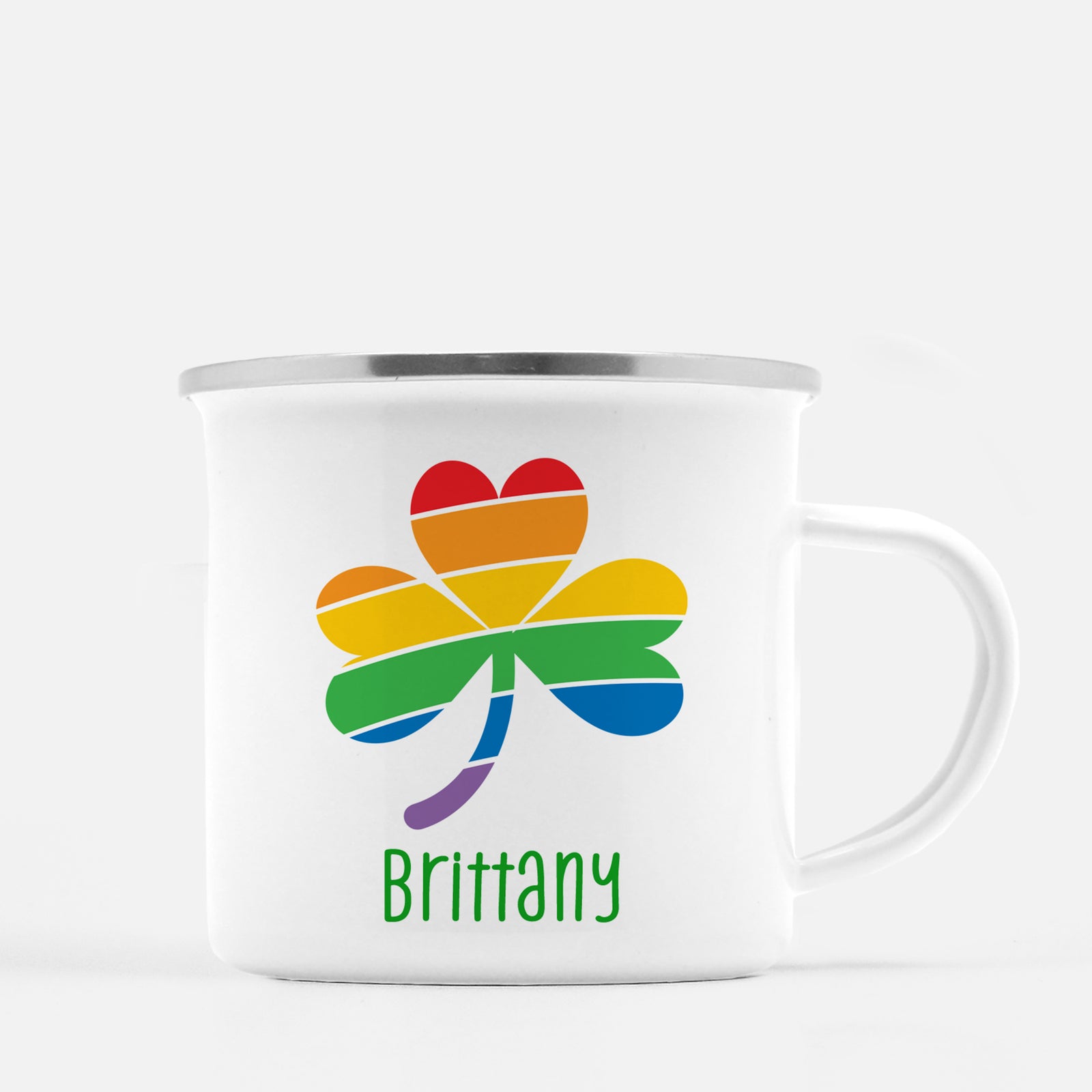 Rainbow Shamrock Personalized Happy St. Patrick's Day12 oz metal camp mug.  Silver lip, white enamel, dishwasher safe, design printed on both sides.  unbreakable Pipsy.com
