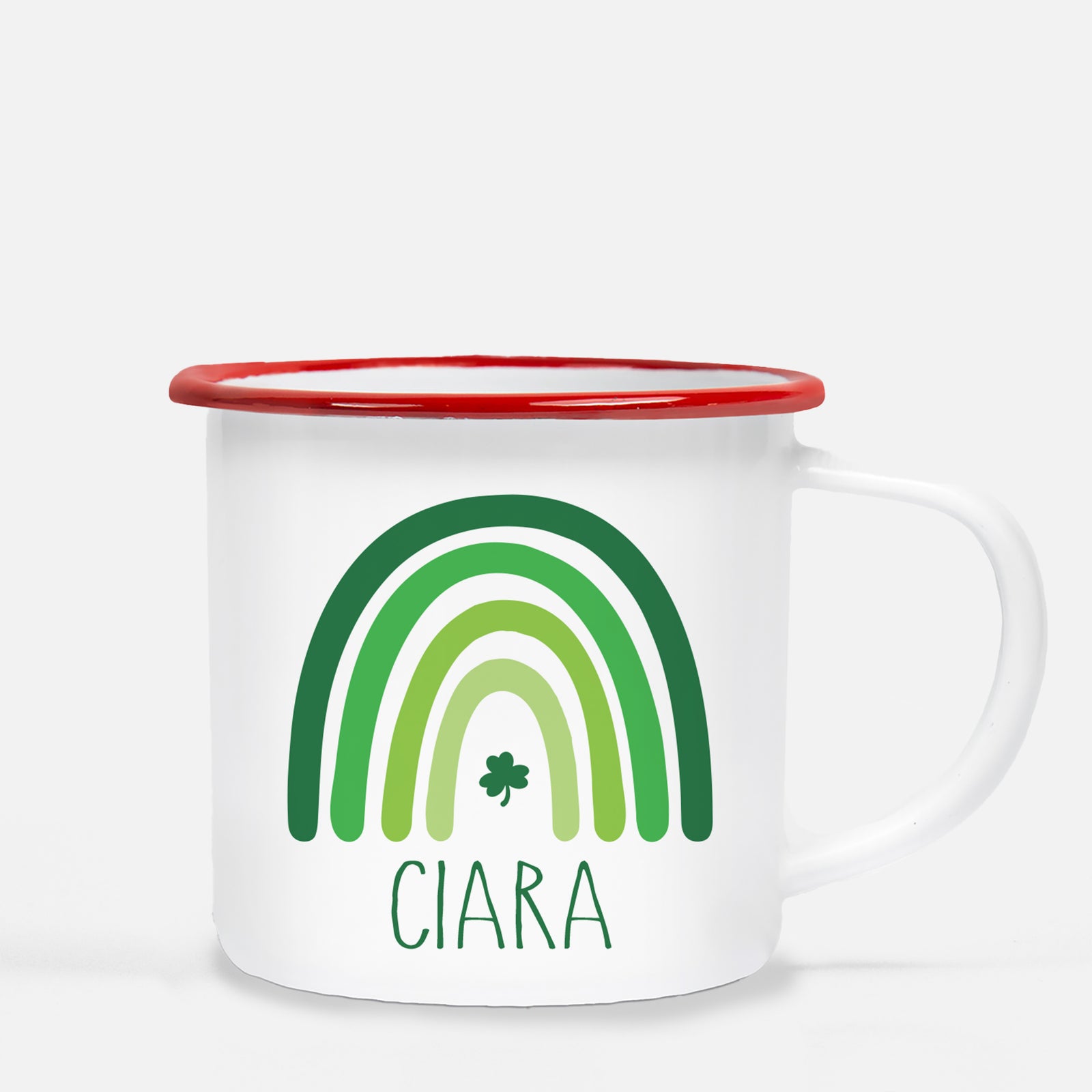Green Rainbow - Personalized Happy St. Patrick's Day12 oz metal camp mug.  Silver lip, white enamel, dishwasher safe, design printed on both sides.  unbreakable Pipsy.com