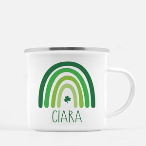 Green Rainbow - Personalized Happy St. Patrick's Day12 oz metal camp mug.  Silver lip, white enamel, dishwasher safe, design printed on both sides.  unbreakable Pipsy.com