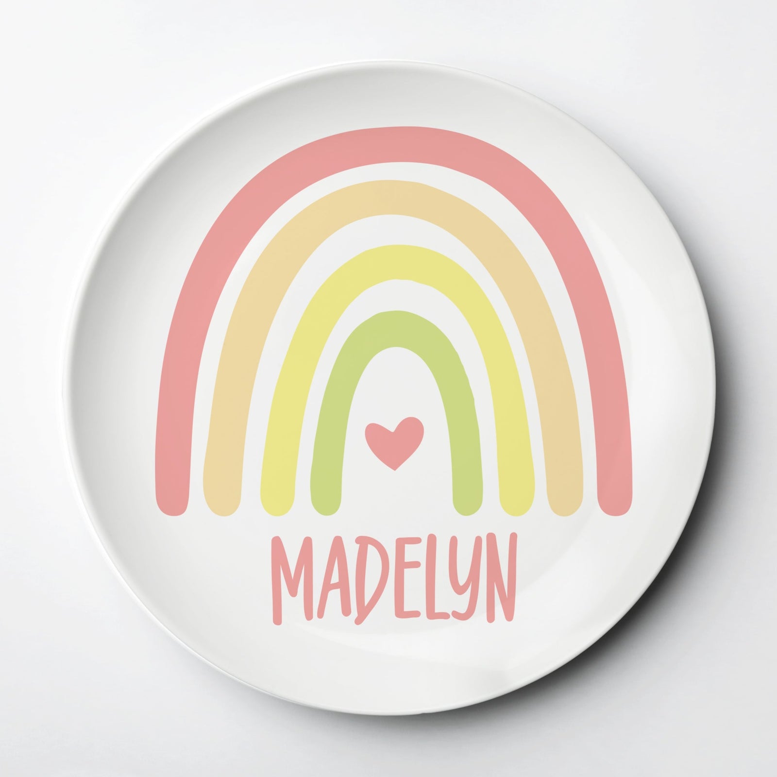 Boho Patel Rainbow personalized ThermoSāf® kids reusable plate, microwave, dishwasher and oven safe.  Made in the USA, Pipsy.com