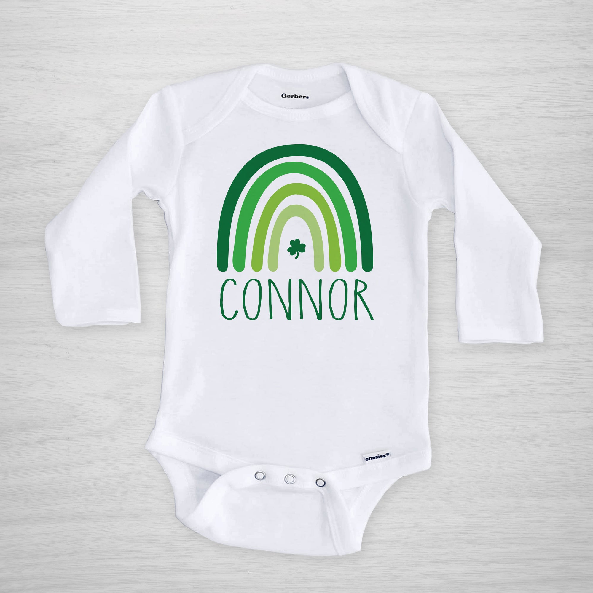 St. Patrick's Day Onesie personalized with your little one's name. Perfect for boys or girls, long sleeved