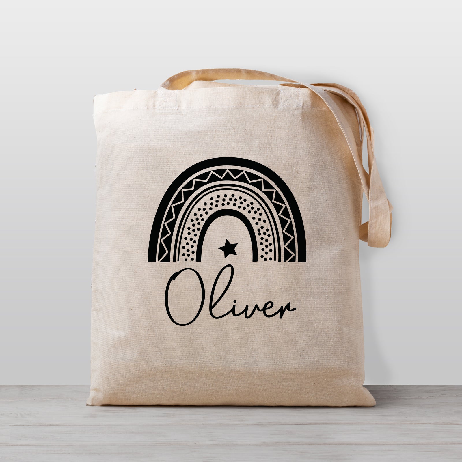 Personalized Rainbow tote bag for kids, modern boho rainbow in black, 100% natural cotton canvas
