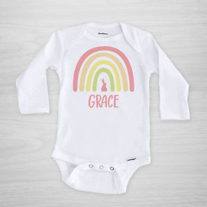 Personalized Easter Onesie, featuring a boho Easter rainbow with a bunny, pink, long sleeved