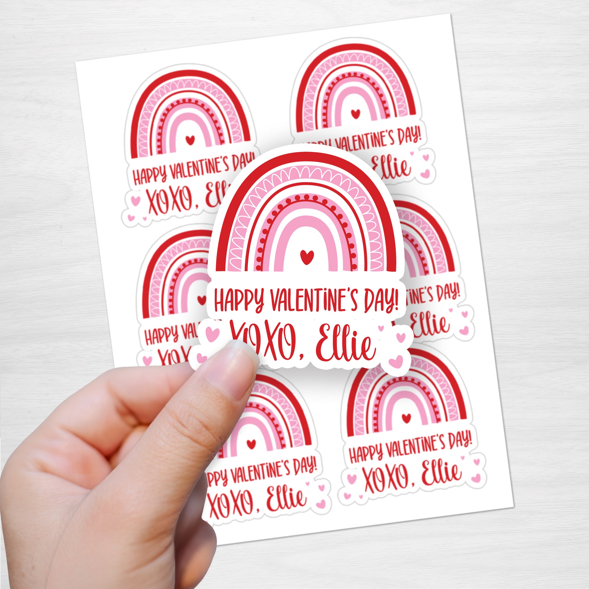 Valentine's Day Stickers, Personalized and Custom Die cut featuring a boho rainbow and hearts