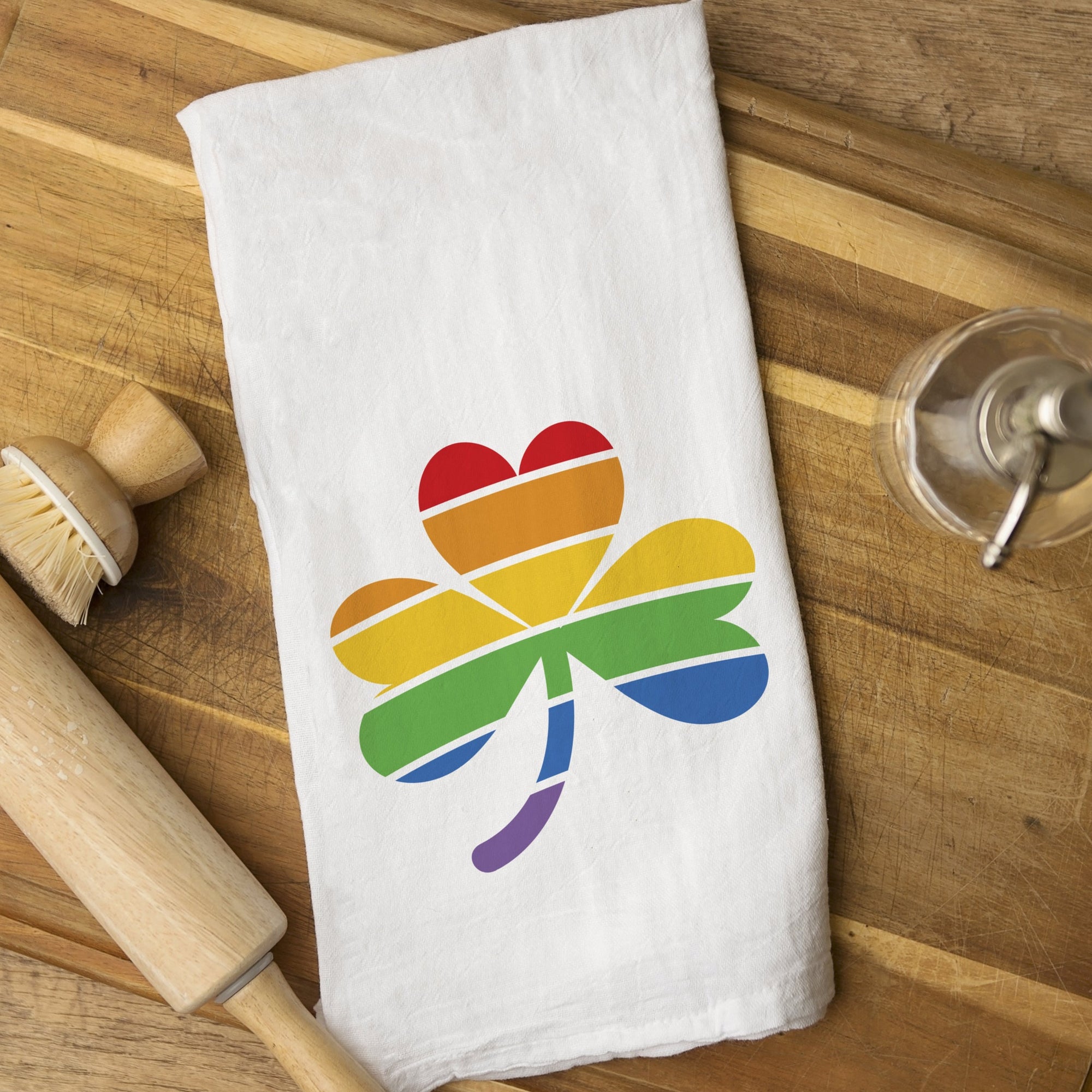 Rainbow Shamrock •  Made in the USA, seasonal kitchen tea towel, dish towel, hand towel, Hand printed in our Nashville Studio •  100% cotton white flour sack tea towel •  Measures 28”x29” •  Printing is done with eco-friendly water-based inks •  Super soft print (We do NOT use vinyl or decals) •  Machine Washable PIPSY.COM