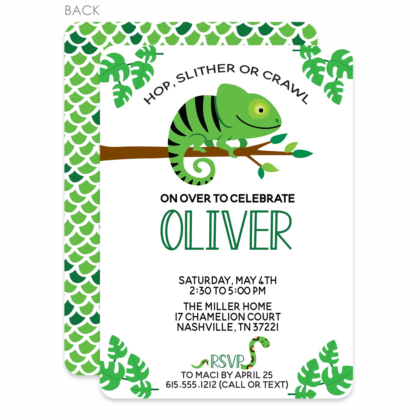 Reptile Birthday Invitations printed on heavy cardstock, featuring a cute chameleon lizard, a snake, and a snake skin pattern on the back