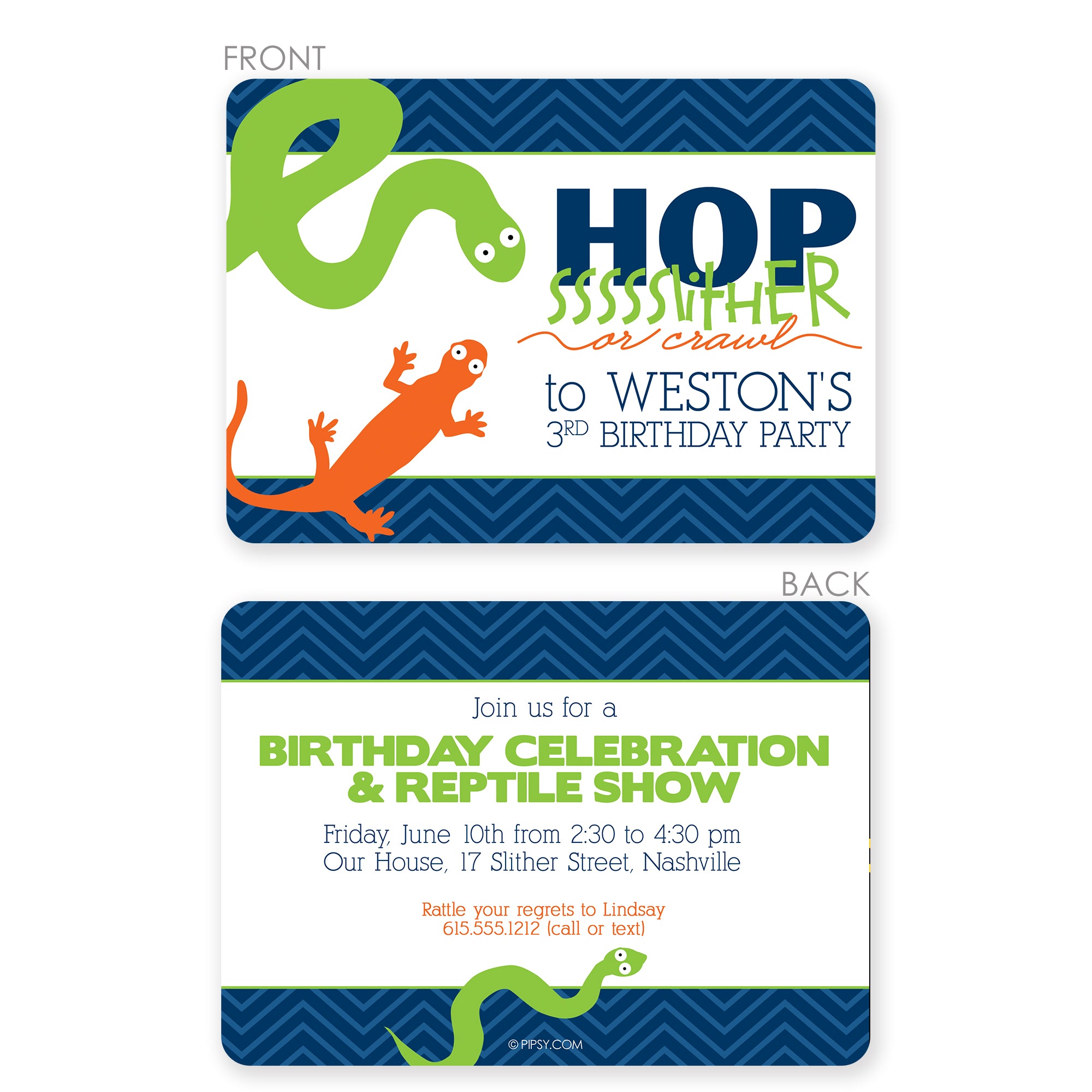 Front and back view of reptile birthday invitation , featuring a snake and salamander lizard, printed on thick cardstock