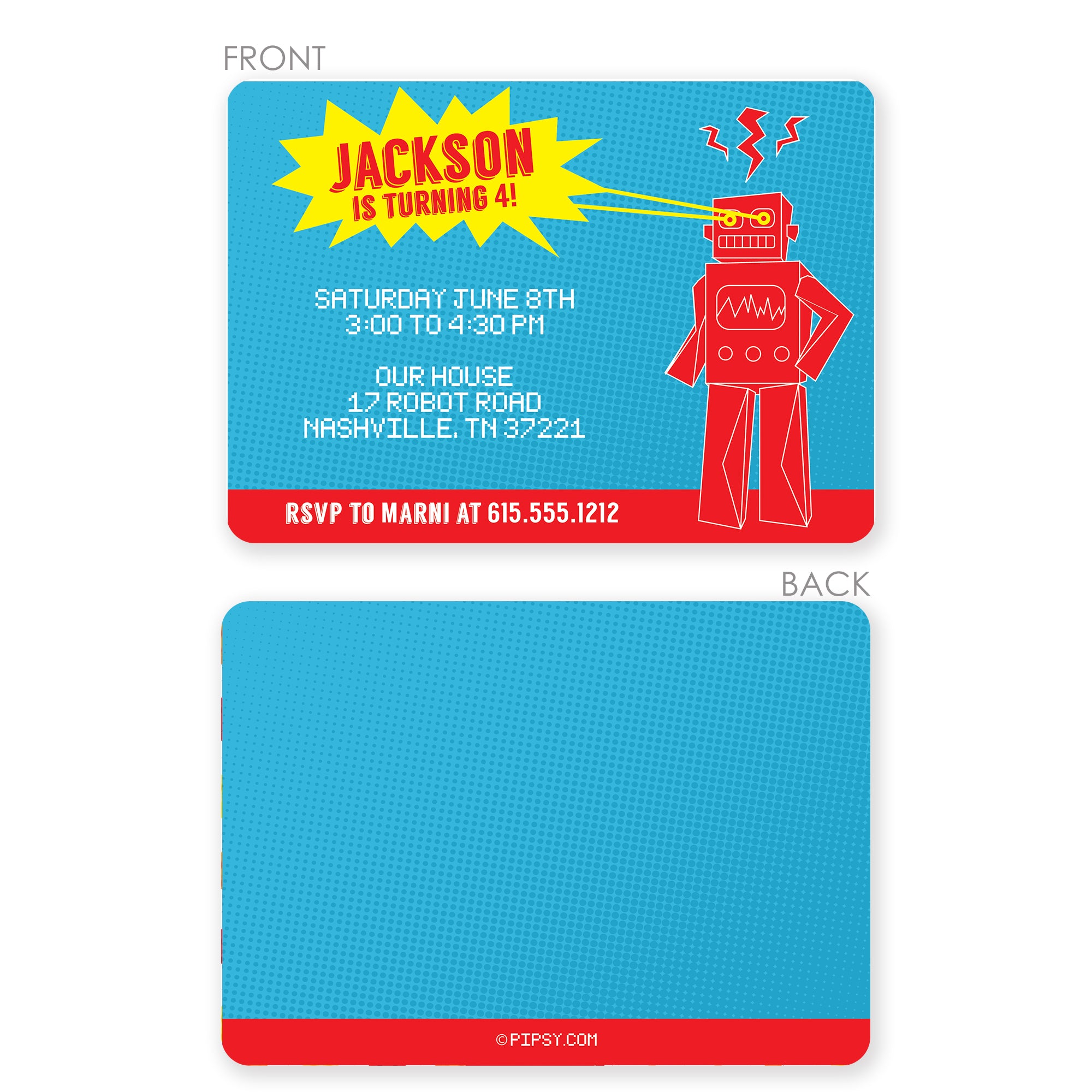 Robot Birthday Invitaton, featuring a vintage inspired robot toy with lasers shooting out of his eyes, Printed on heavy cardstock with two sided printing, envelopes included