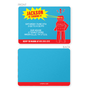 Robot Birthday Invitaton, featuring a vintage inspired robot toy with lasers shooting out of his eyes, Printed on heavy cardstock with two sided printing, envelopes included