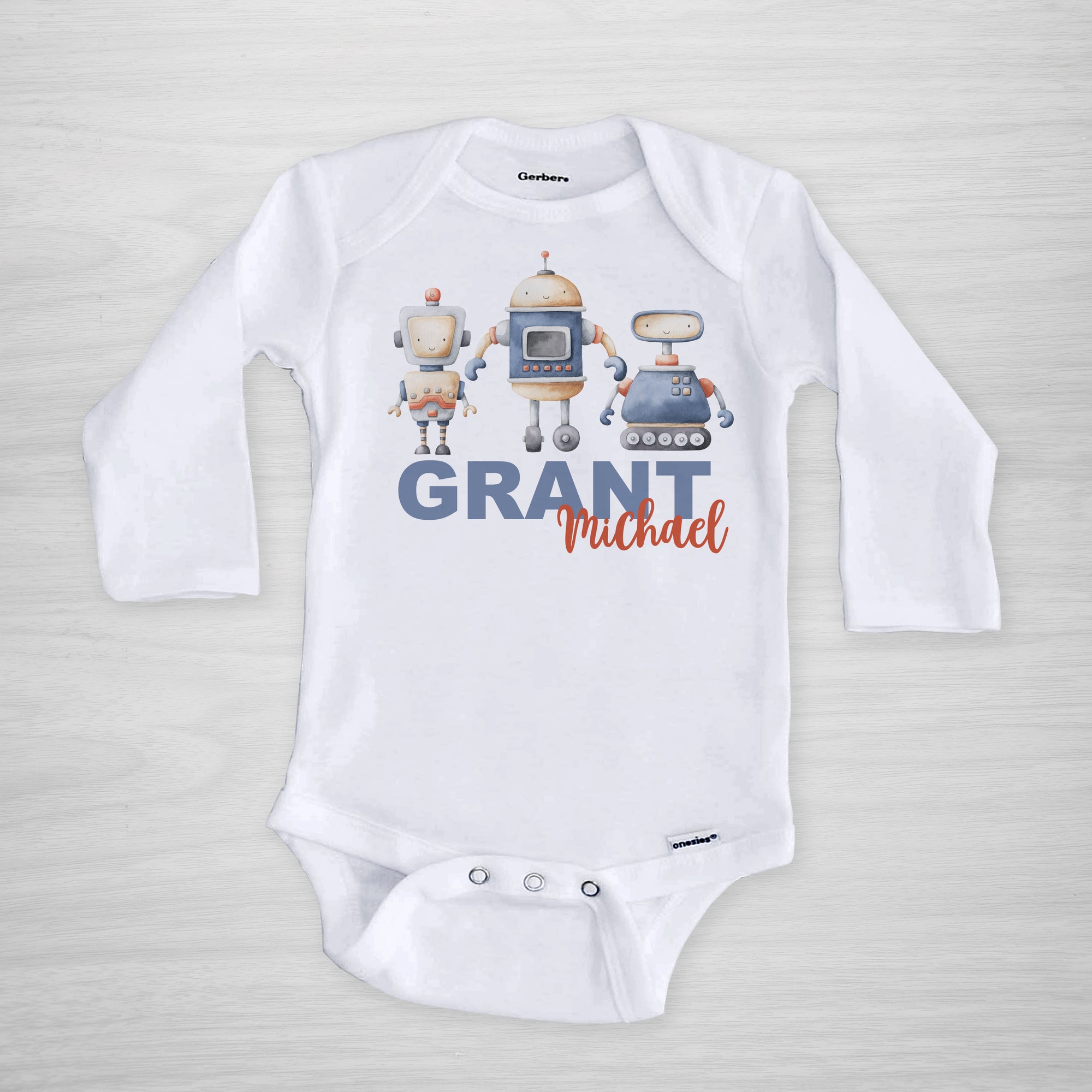 Robot onesie personalized with baby's name, long sleeved