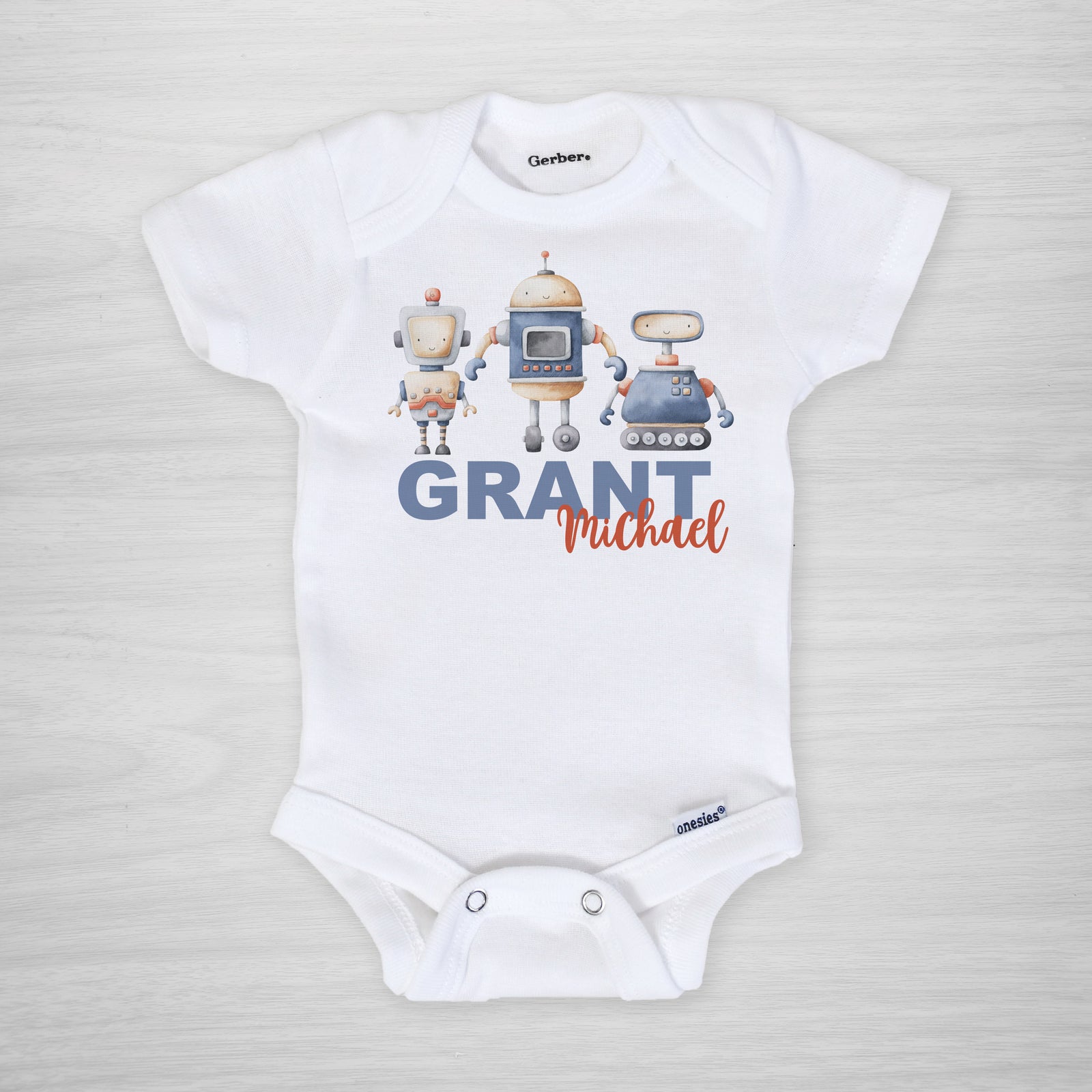 Robot onesie personalized with baby's name, long sleeved
