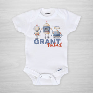 Robot onesie personalized with baby's name, short sleeved