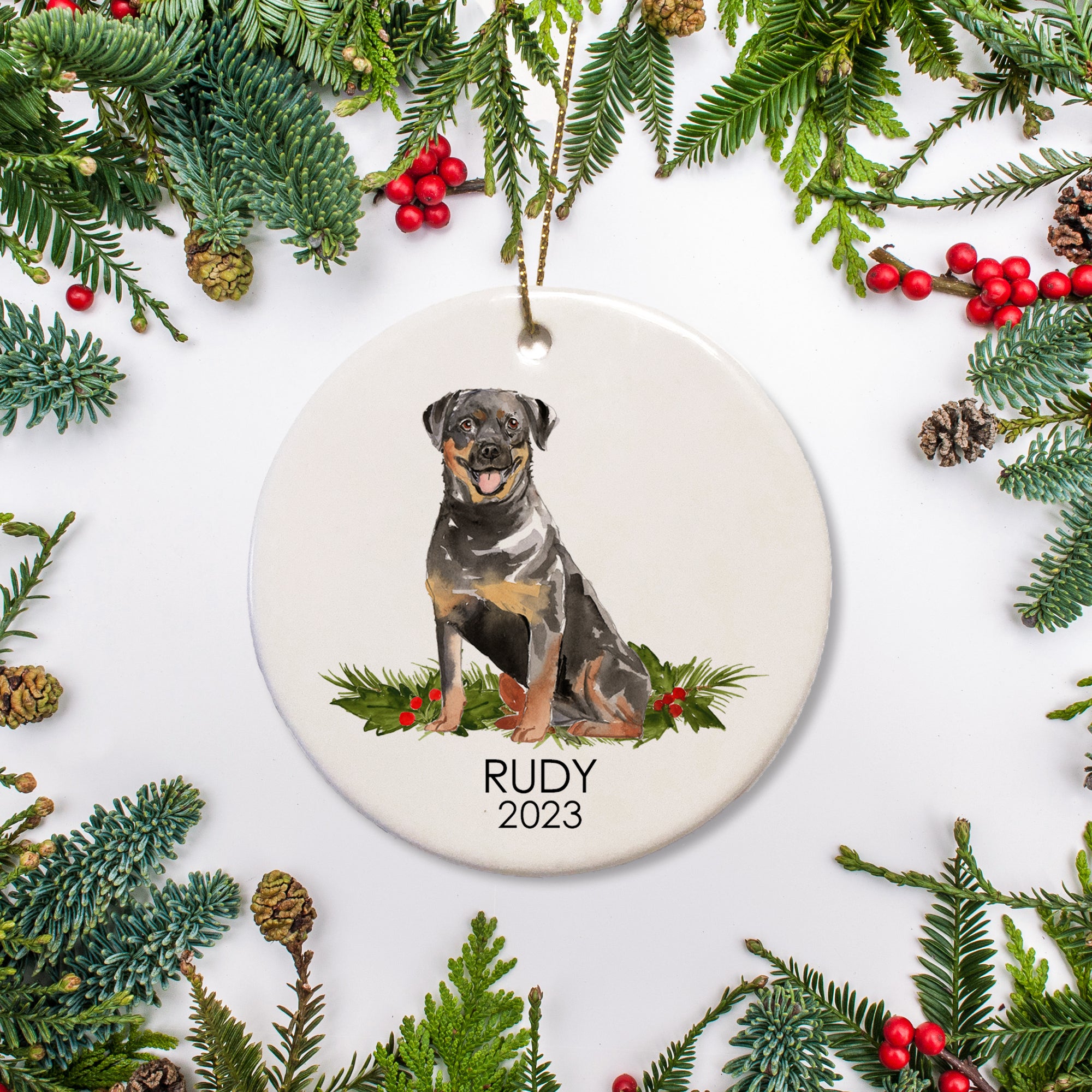 Watercolor rendering of a Rottweiler. Personalized Christmas Ornament with name and year of your choice. PIPSY.COM