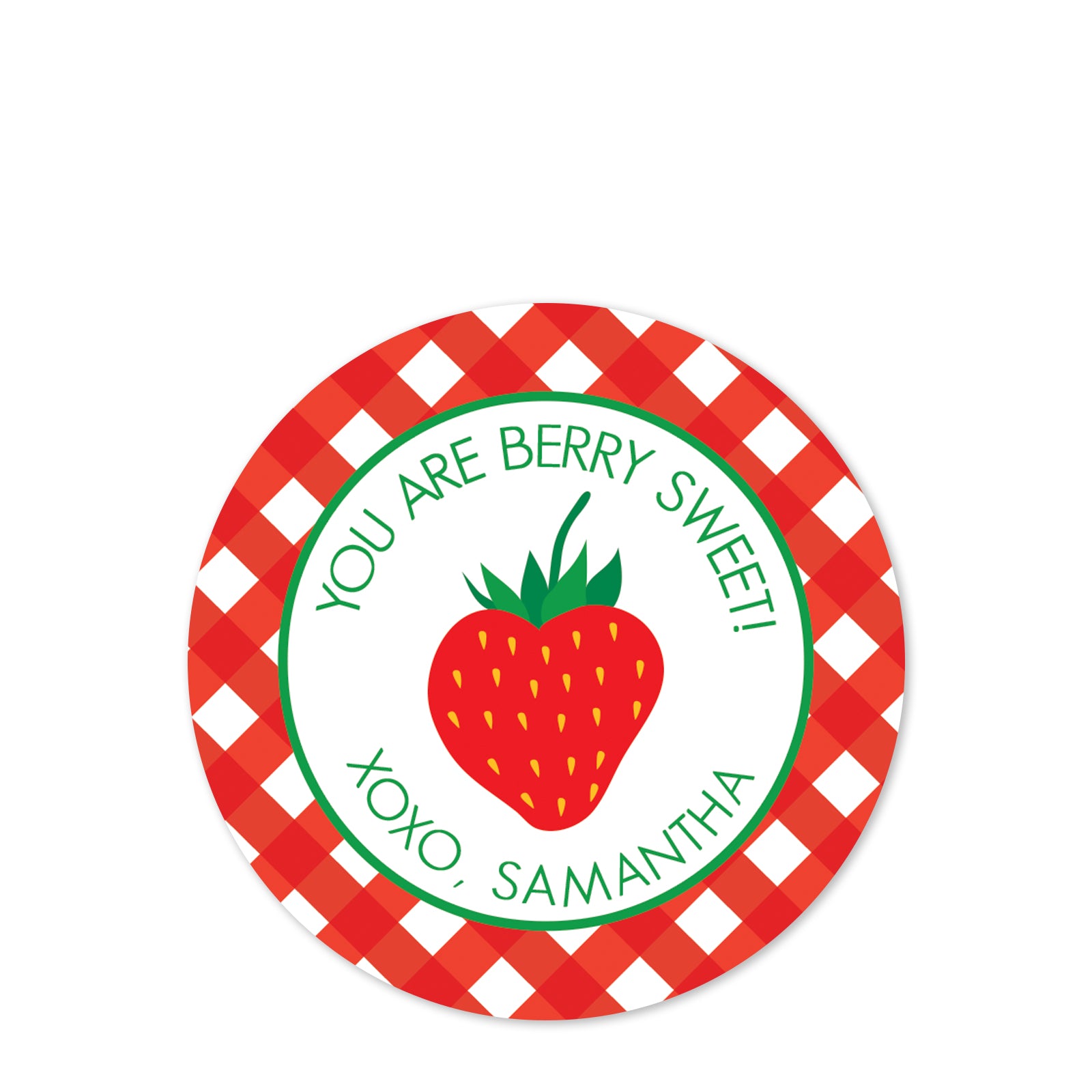 Strawberry Valentine's Day Sticker | Berry Sweet Gingham | 22.5" Round Valentine's Day Sticker for candy bag | Classroom Party | Personalized stickers | PIPSY.COM