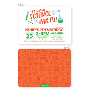Science Mad Scientist Birthday Party Invitation from Pipsy.com, printed on thick cardstock, 2 sided with envelopes