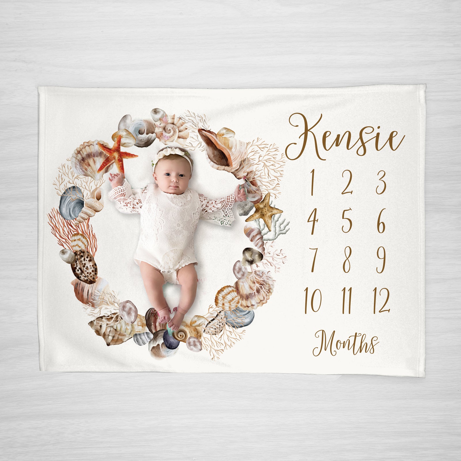Seashell Milestone Baby Blanket in soft neutral colors, great for a beach or coastal nursery, super soft fleece, personalized with baby's name