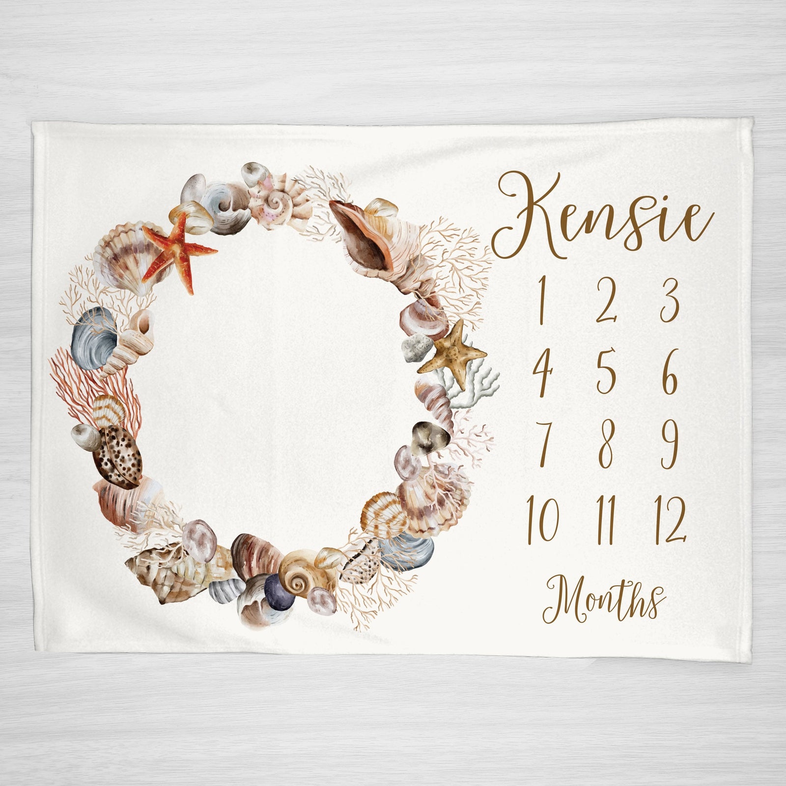 Seashell Milestone Baby Blanket in soft neutral colors, great for a beach or coastal nursery, super soft fleece, personalized with baby's name
