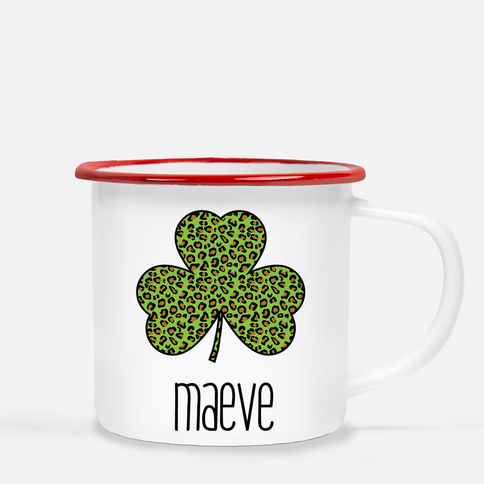 Leopard Print Shamrock Personalized Happy St. Patrick's Day12 oz metal camp mug.  Silver lip, white enamel, dishwasher safe, design printed on both sides.  unbreakable Pipsy.com