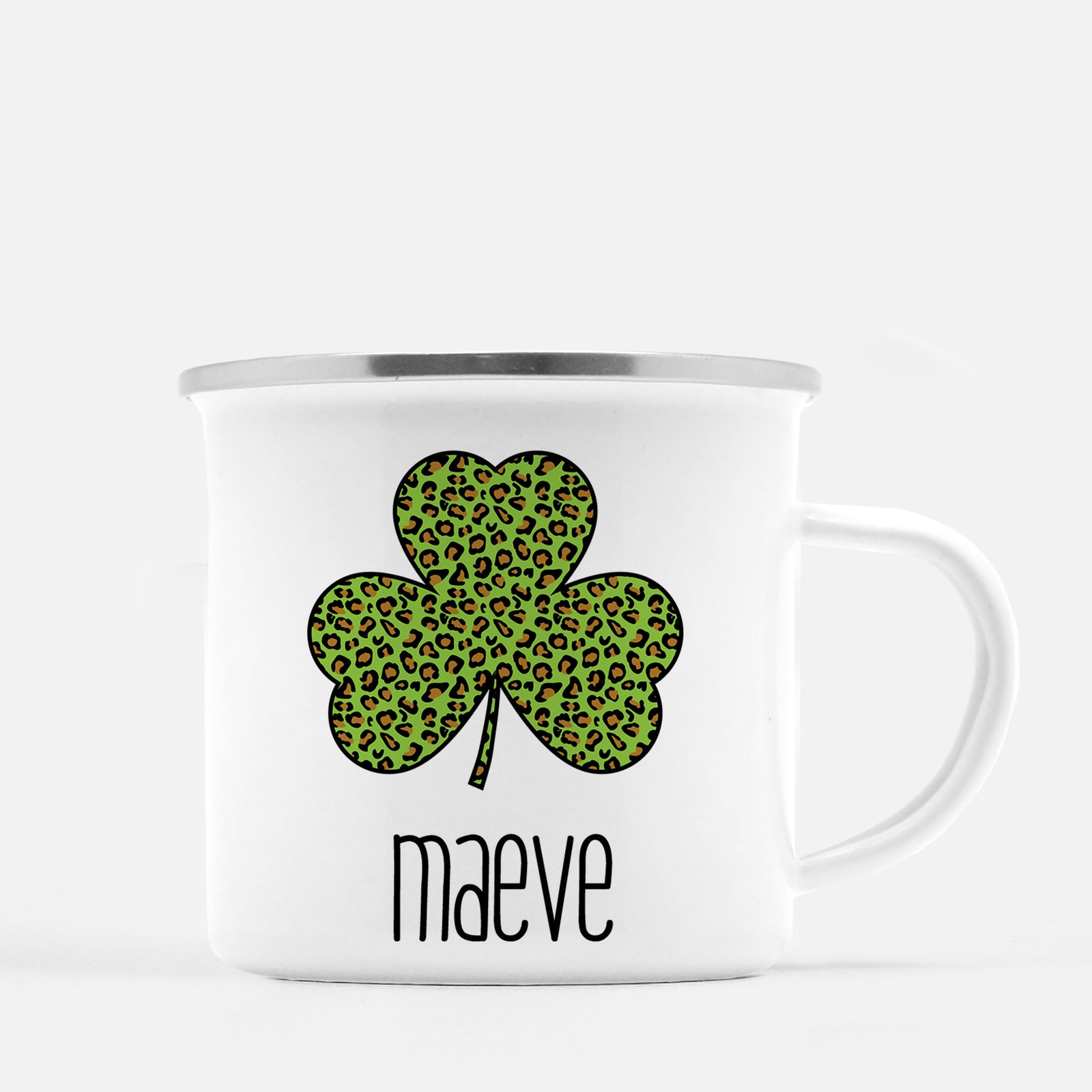 Leopard Print Shamrock Personalized Happy St. Patrick's Day12 oz metal camp mug.  Silver lip, white enamel, dishwasher safe, design printed on both sides.  unbreakable Pipsy.com