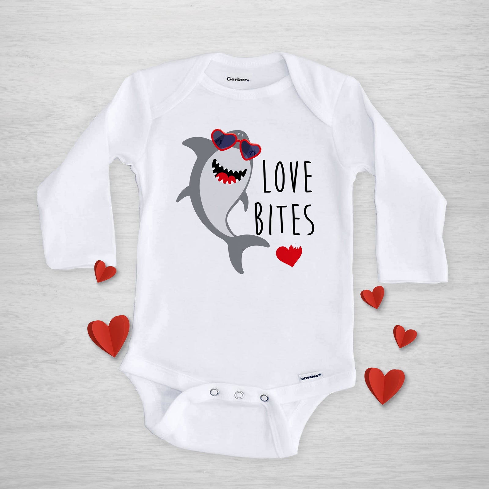 Shark Love Bites Valentine's Day Onesie, Long Sleeved, Pipsy.com