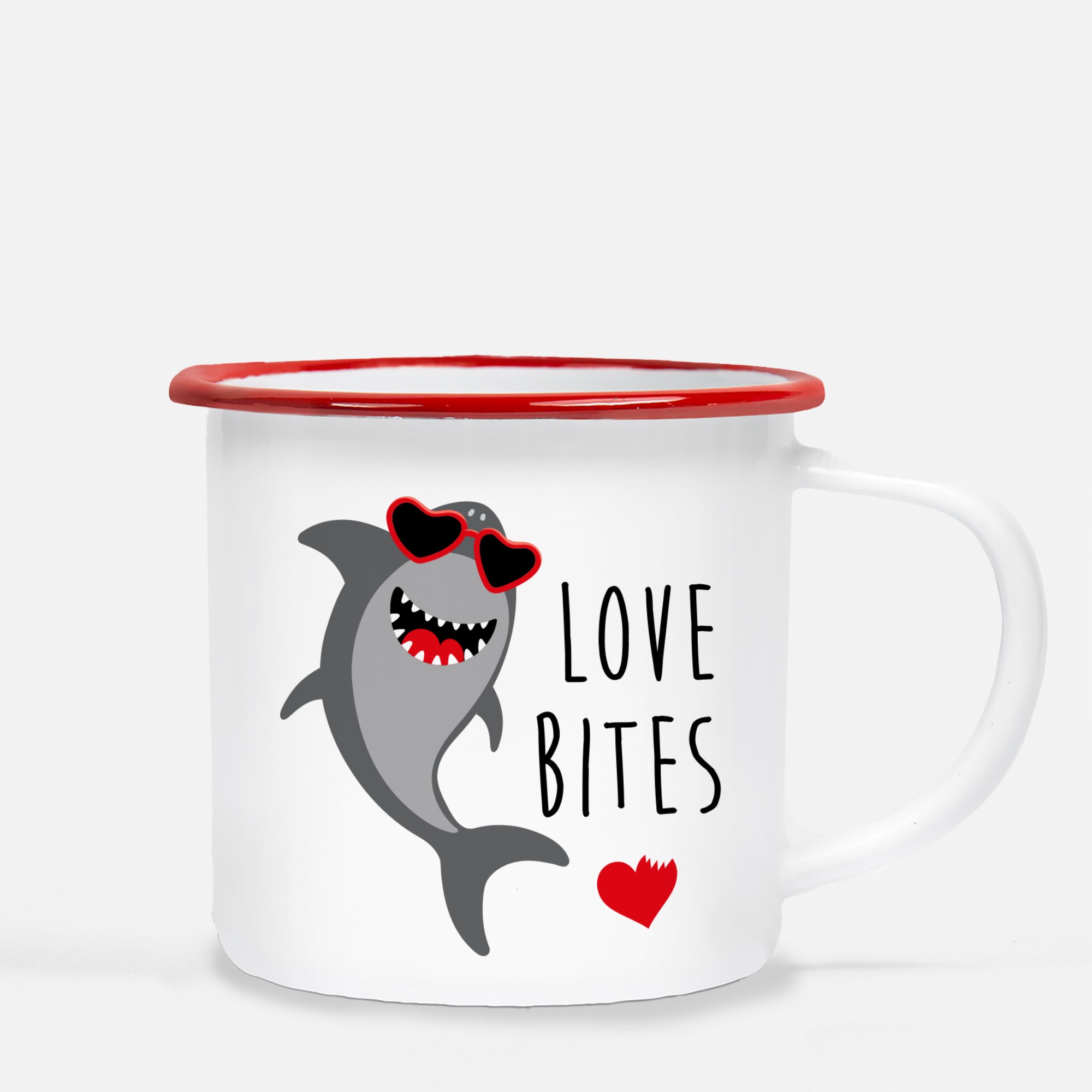 White enamel 12 oz metal camp mug with red lip | Shark love bites | Valentine's Day gift | Shark wearing heart glasses with a big smile | Pipsy.com