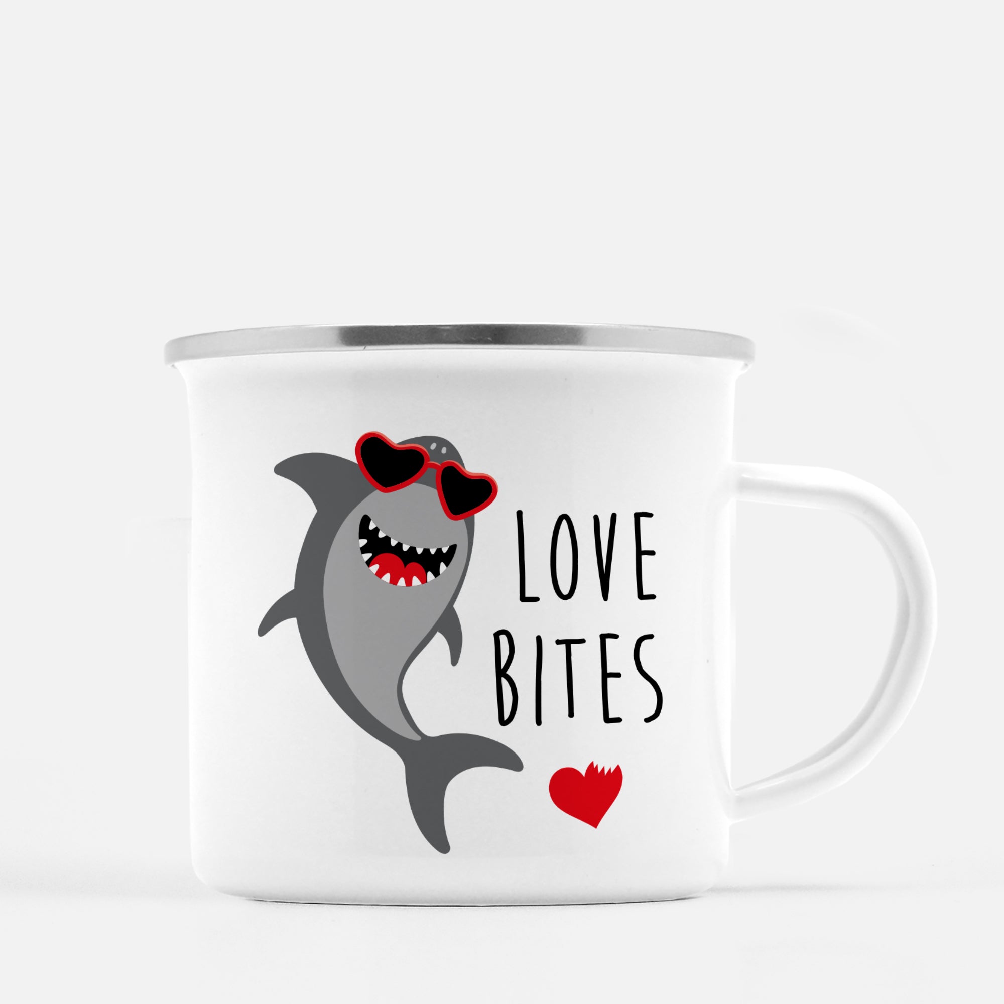 White enamel 12 oz metal camp mug with silver lip | Shark love bites | Valentine's Day gift | Shark wearing heart glasses with a big smile | Pipsy.com