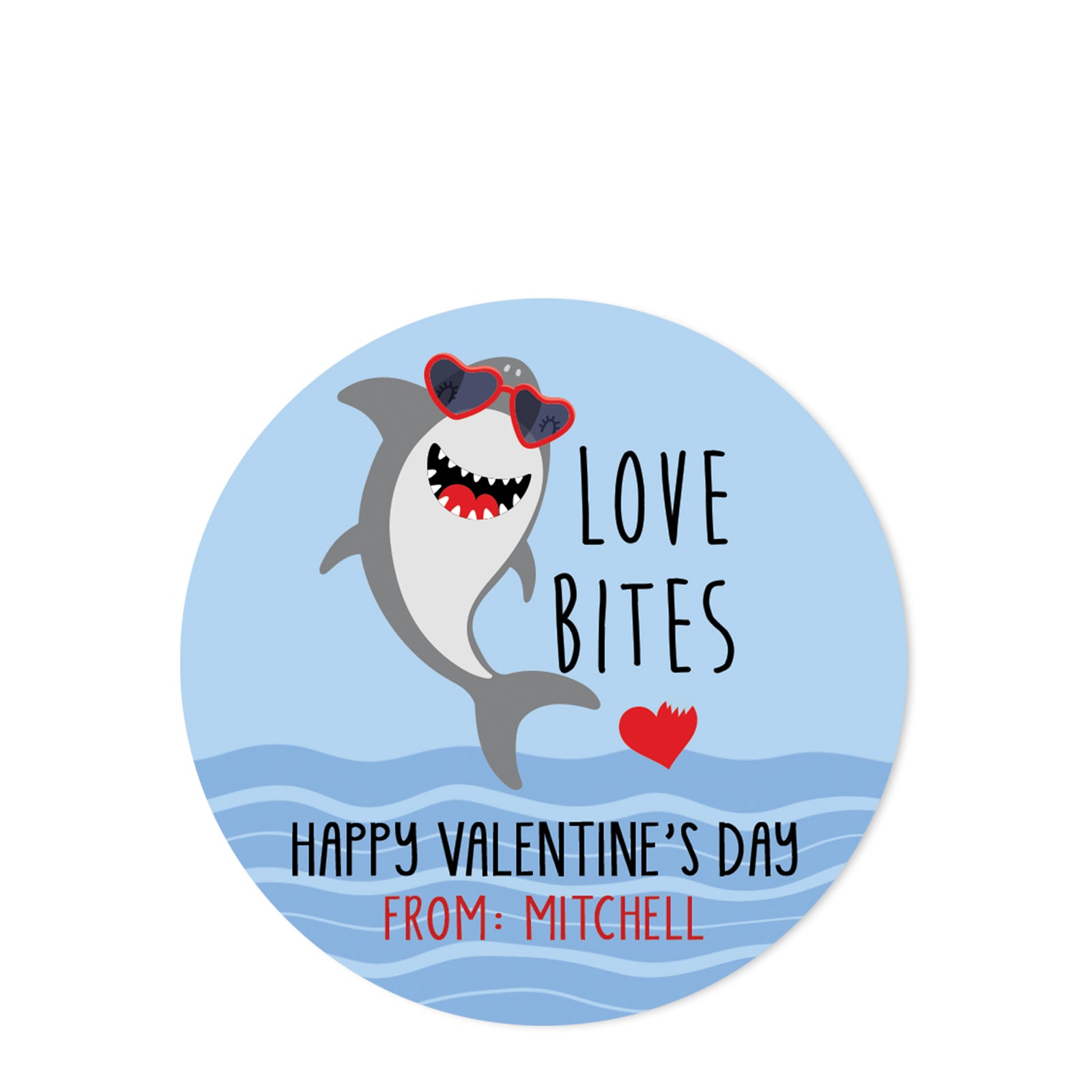Love Bites | Shark Valentine's Day Sticker | 2.5" Round Valentine's Day Sticker for candy bag | Classroom Party | Personalized stickers | PIPSY.COM