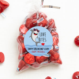 Love Bites | Shark Valentine's Day Sticker | 2.5" Round Valentine's Day Sticker for candy bag | Classroom Party | Personalized stickers | PIPSY.COM