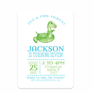 Pool Party Birthday Invitations  with fun trendy pool floats, printed on premium heavyweight cardstock, Pipsy.com, front