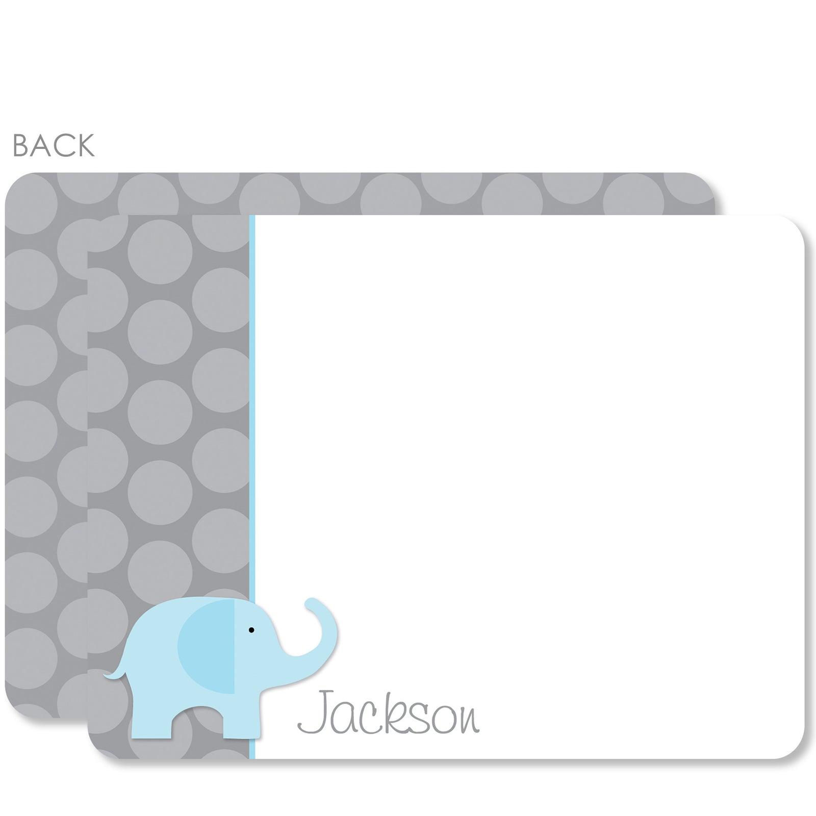 Blue elephant thank you notes from Pipsy.com, printed on heavyweight cardstock with 2-sided printing and rounded corners