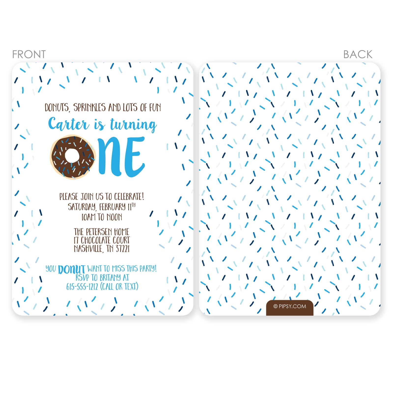 Donut Party Birthday Invitation, Chocolate Donut with Blue Sprinkles, Premium Printed Cardtock Invitations, Pipsy.com