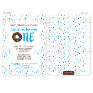 Donut Party Birthday Invitation, Chocolate Donut with Blue Sprinkles, Premium Printed Cardtock Invitations, Pipsy.com, front and back view