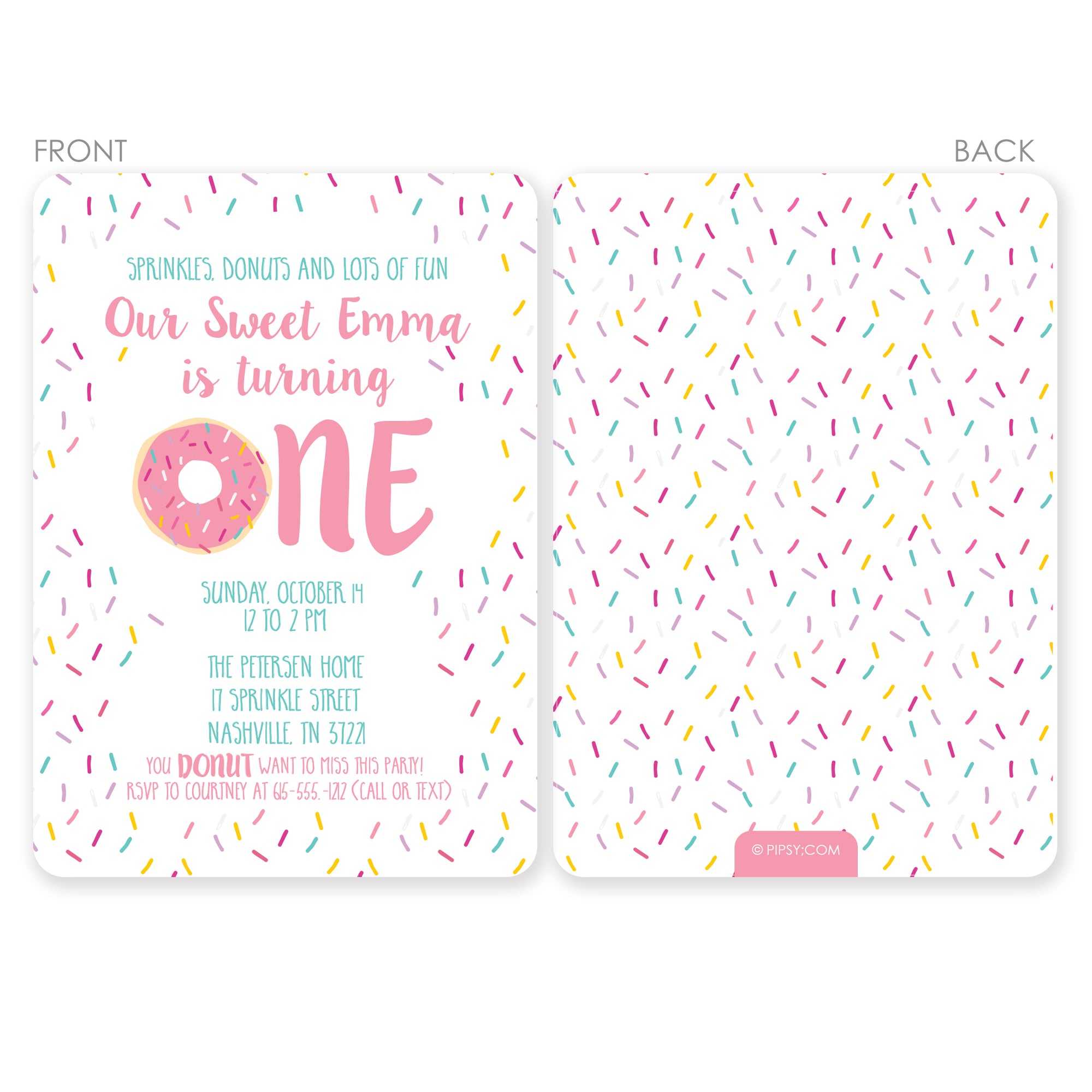 Donut Party First Birthday Invitations, printed on heavy weight thick cardstock, pink sprinkles
