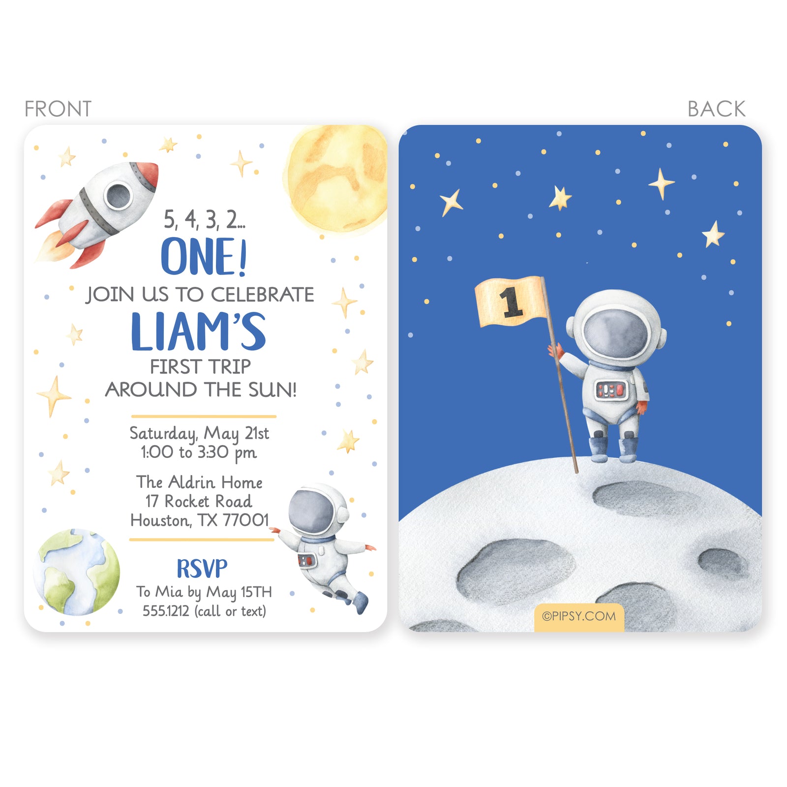 First Trip Around the sun Birthday Invitation - great for your little boy's first birthday party. Printed on heavyweight cardstock and shipped with envelopes