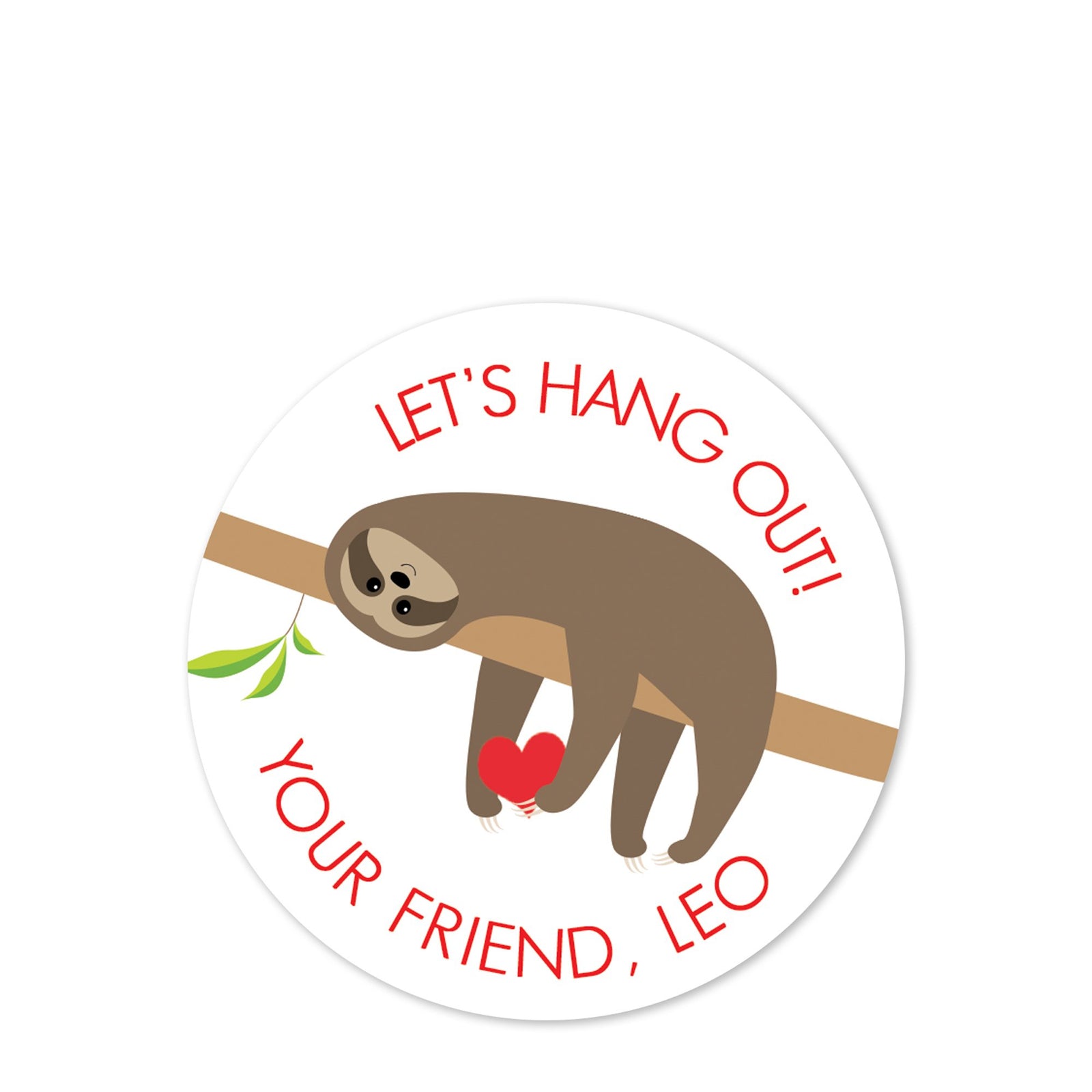 Sloth Valentine's Day Sticker, Let's Hang Out | 2.5" Round Valentine's Day Sticker for candy bag | Classroom Party | Personalized stickers | PIPSY.COM