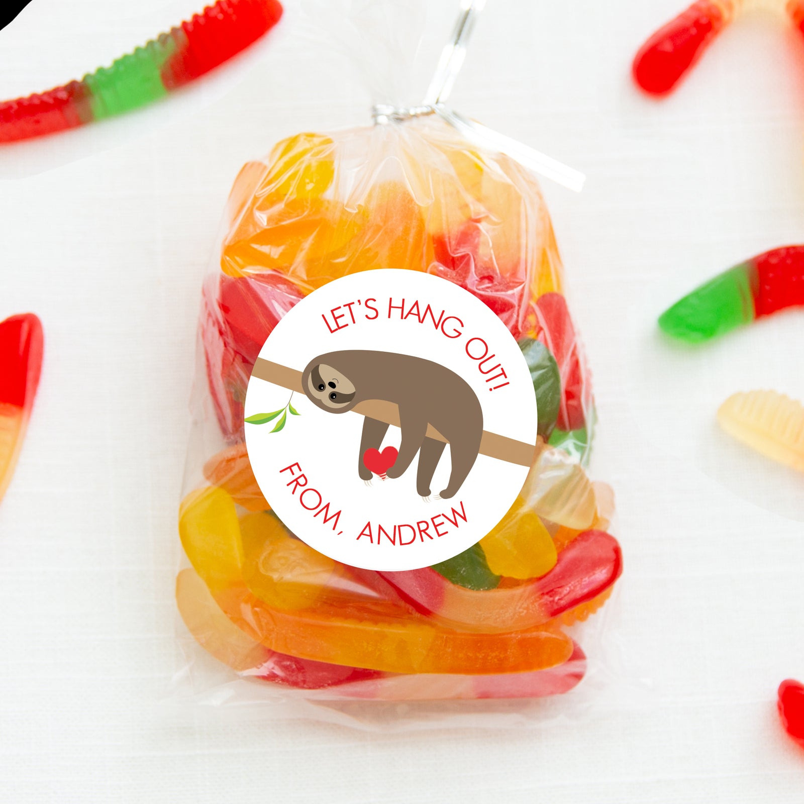 Sloth Valentine's Day Sticker, Let's Hang Out | 2.5" Round Valentine's Day Sticker for candy bag | Classroom Party | Personalized stickers | PIPSY.COM