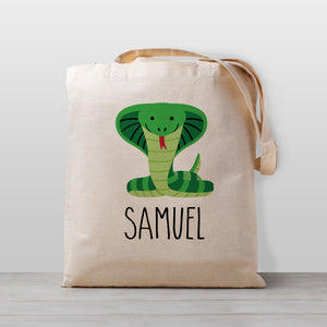 Snake personalized kid's tote bag featuring a cute cobra. Great for daycare or preschool, or hauling toys around, 100% natural cotton canvas