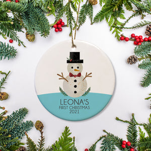 Personalized Christmas Snowman ornament with blue accent - snowman has bowtie and top hat, personalized with name and year of your choice | PIPSY.COM