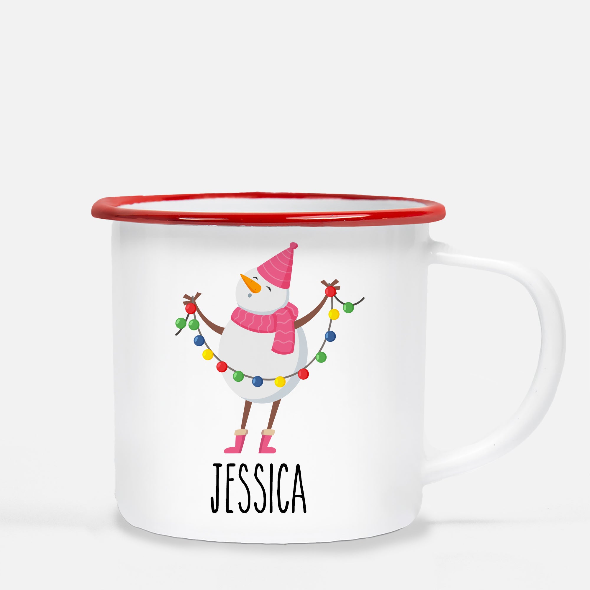 Christmas Camp Mug, Snowman with holiday  lights, Personalized, Red Lip