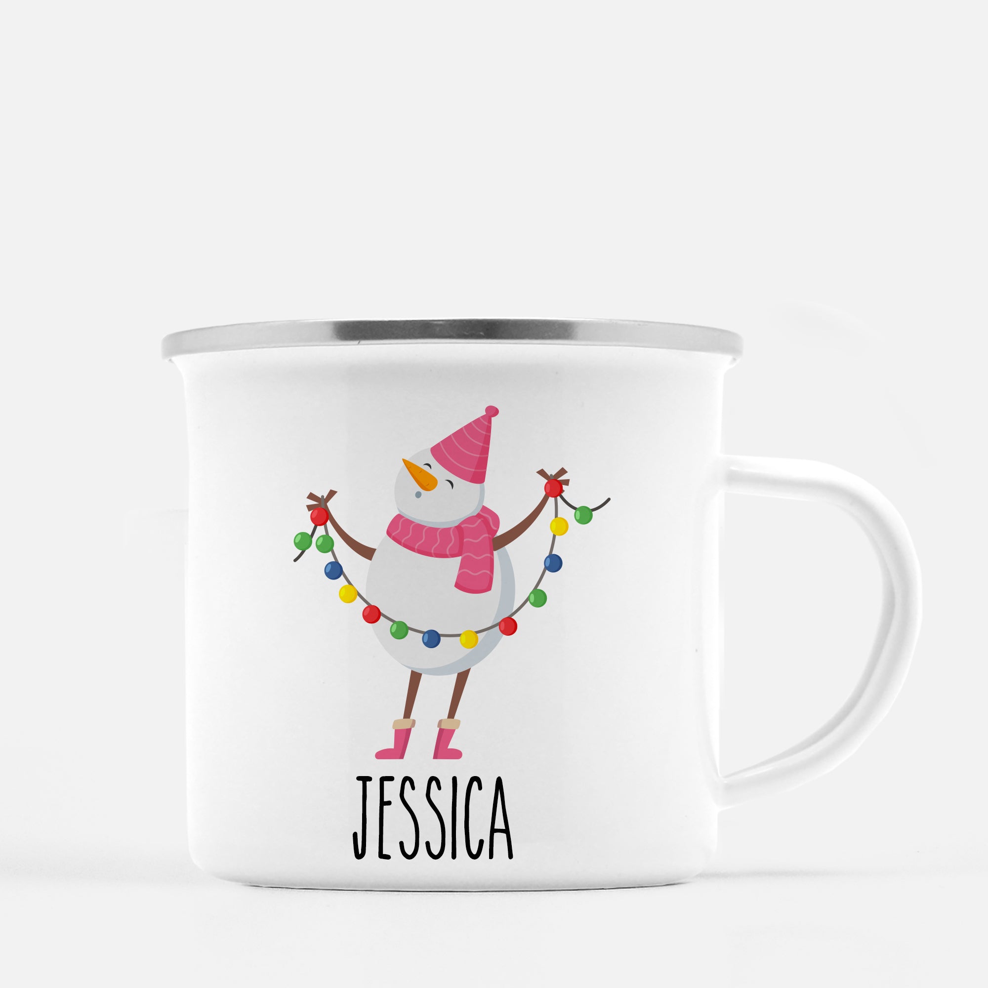 Christmas Camp Mug, Snowman with holiday  lights, Personalized, Red Lip