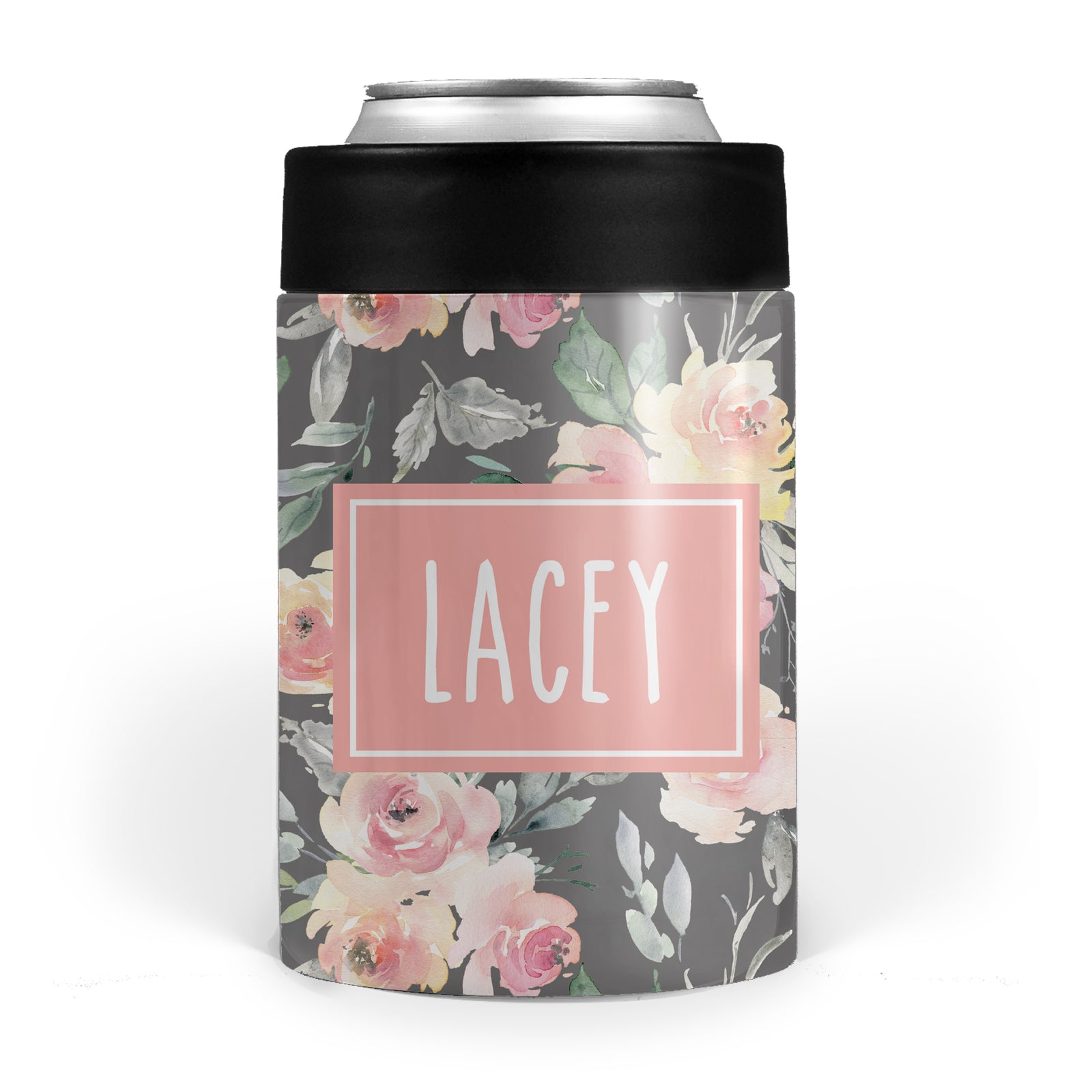Soft Peach and Gray Floral Stainless Steel Can Cooler
