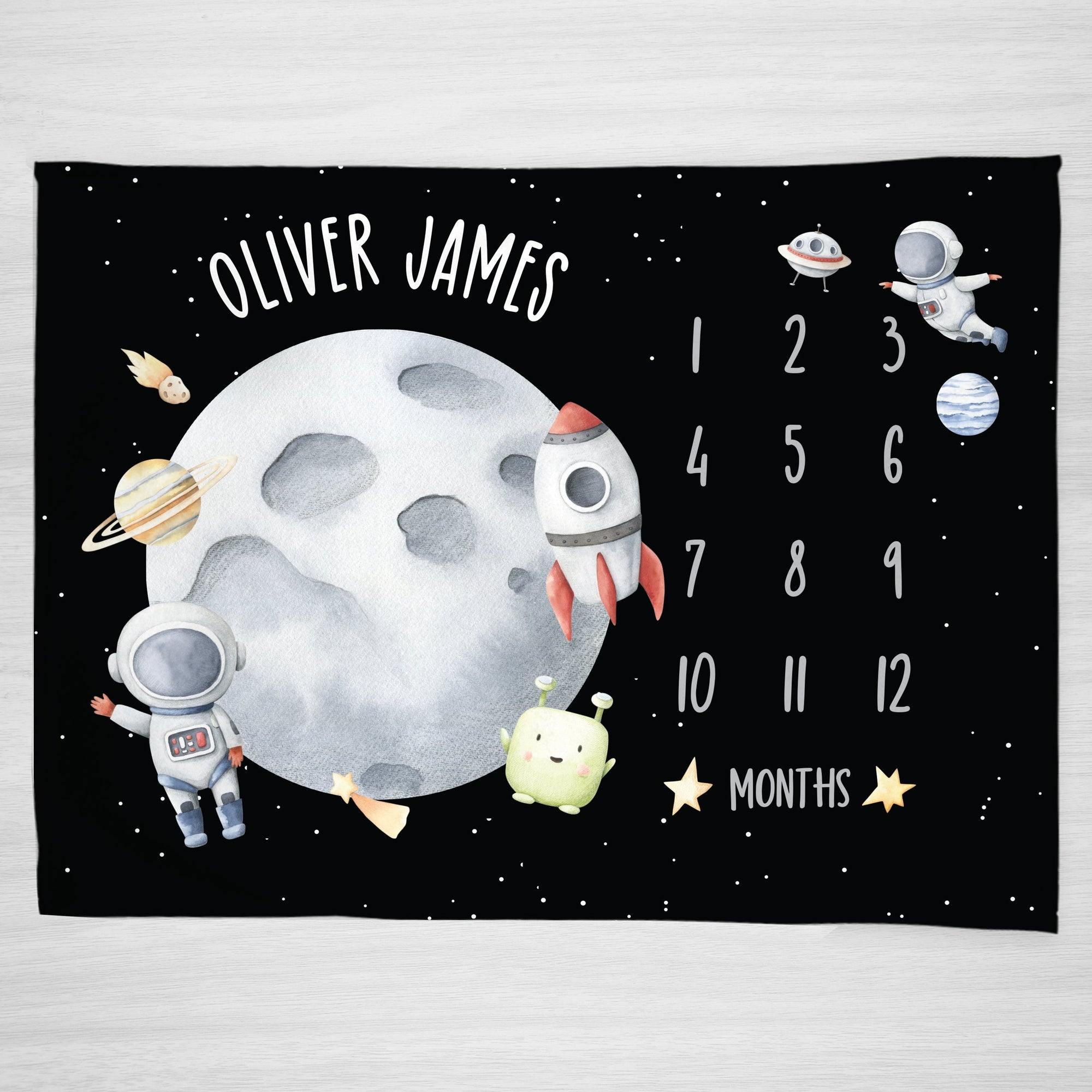 Boy Milestone Personalized Blanket, featuring astronauts in space, with a moon, planets, rocket ship, aliens, and a UFO