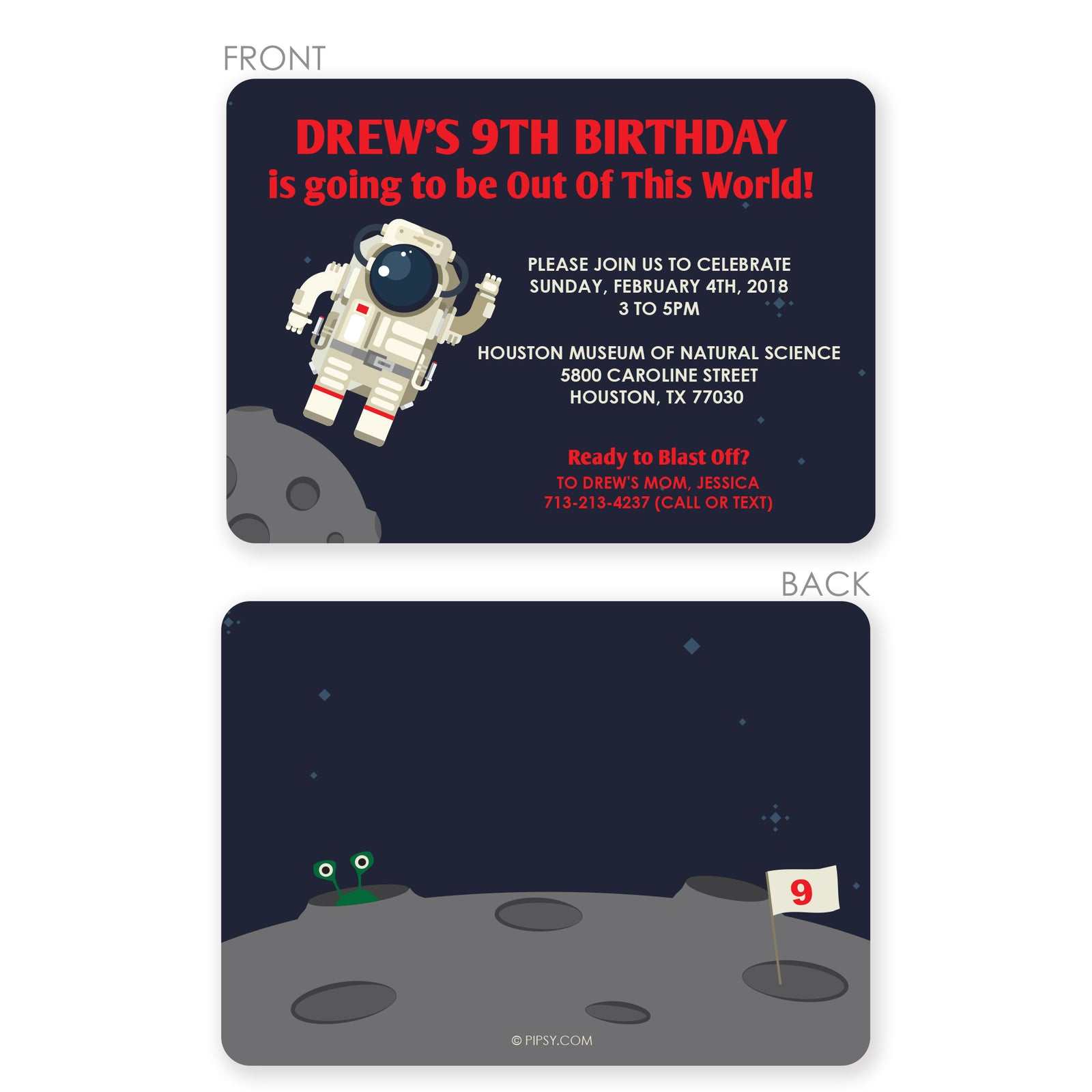 Space Astronaut Birthday Invitations, printed on thick cardstock