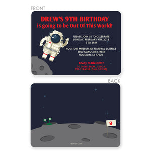 Front and back view of space astronaut invitations, with an alien and moon flag on the back