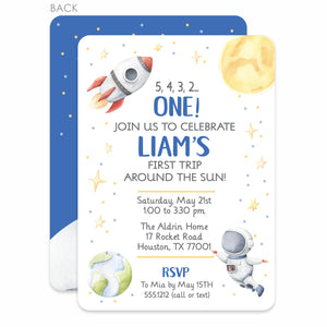 First Trip Around the sun Birthday Invitation - great for your little boy's first birthday party. Printed on heavyweight cardstock and shipped with envelopes