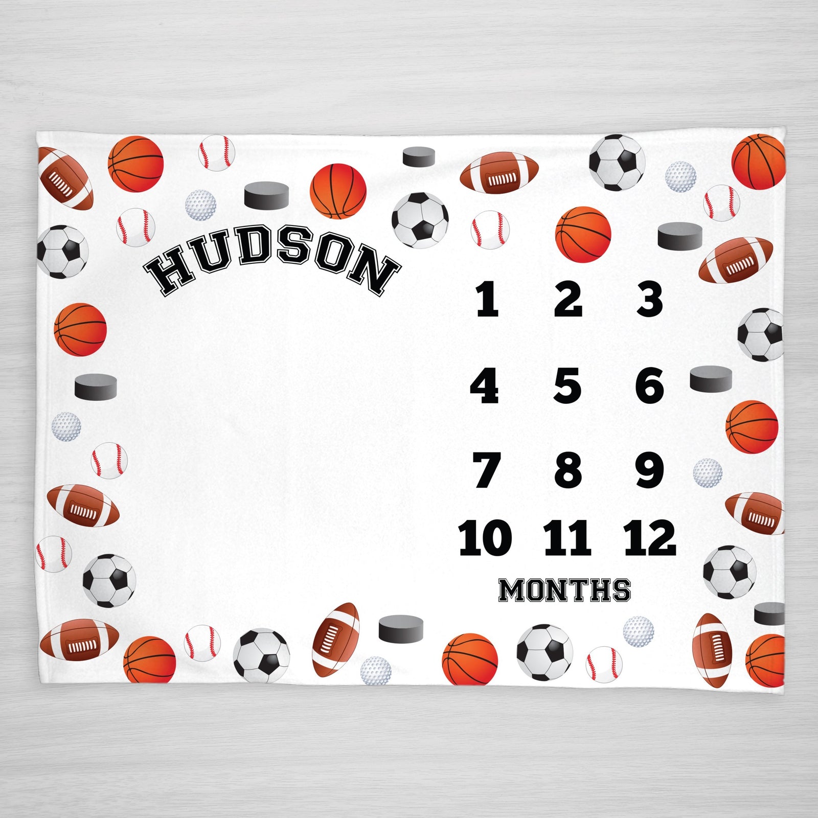 Sports Baby Milestone Blanket with soccer, football, hockey, golf, and baseball. personalized soft fleece
