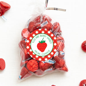 Strawberry Valentine's Day Sticker | Berry Sweet Gingham | 22.5" Round Valentine's Day Sticker for candy bag | Classroom Party | Personalized stickers | PIPSY.COM